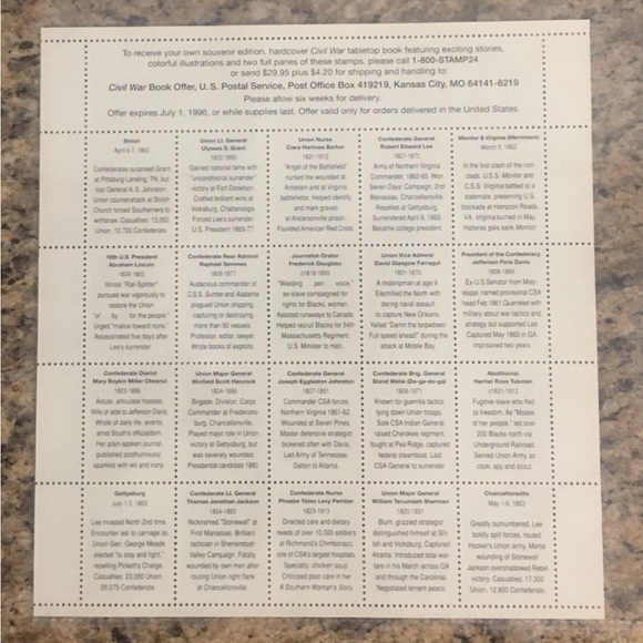 Civil War 1861-1865 “The War Between The States” Classic Collection USPS Stamps - Picture 2 of 2